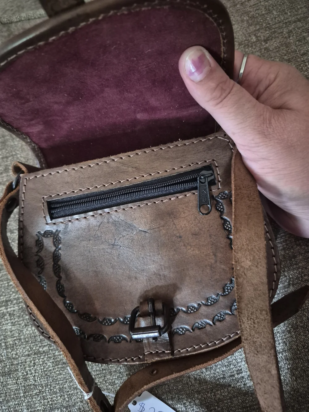 Hand-Tooled Brown Leather Crossbody with Colorful Embroidered Accents